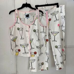 In The Wash Cocktail Print Women's Pajama Set SZ Large Soft Comfy Chic Pastel